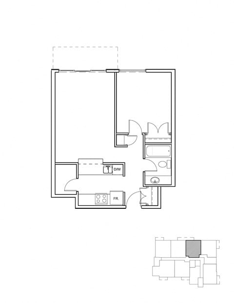 Floor plan for 1 bed, 1 bath, 598 sqft